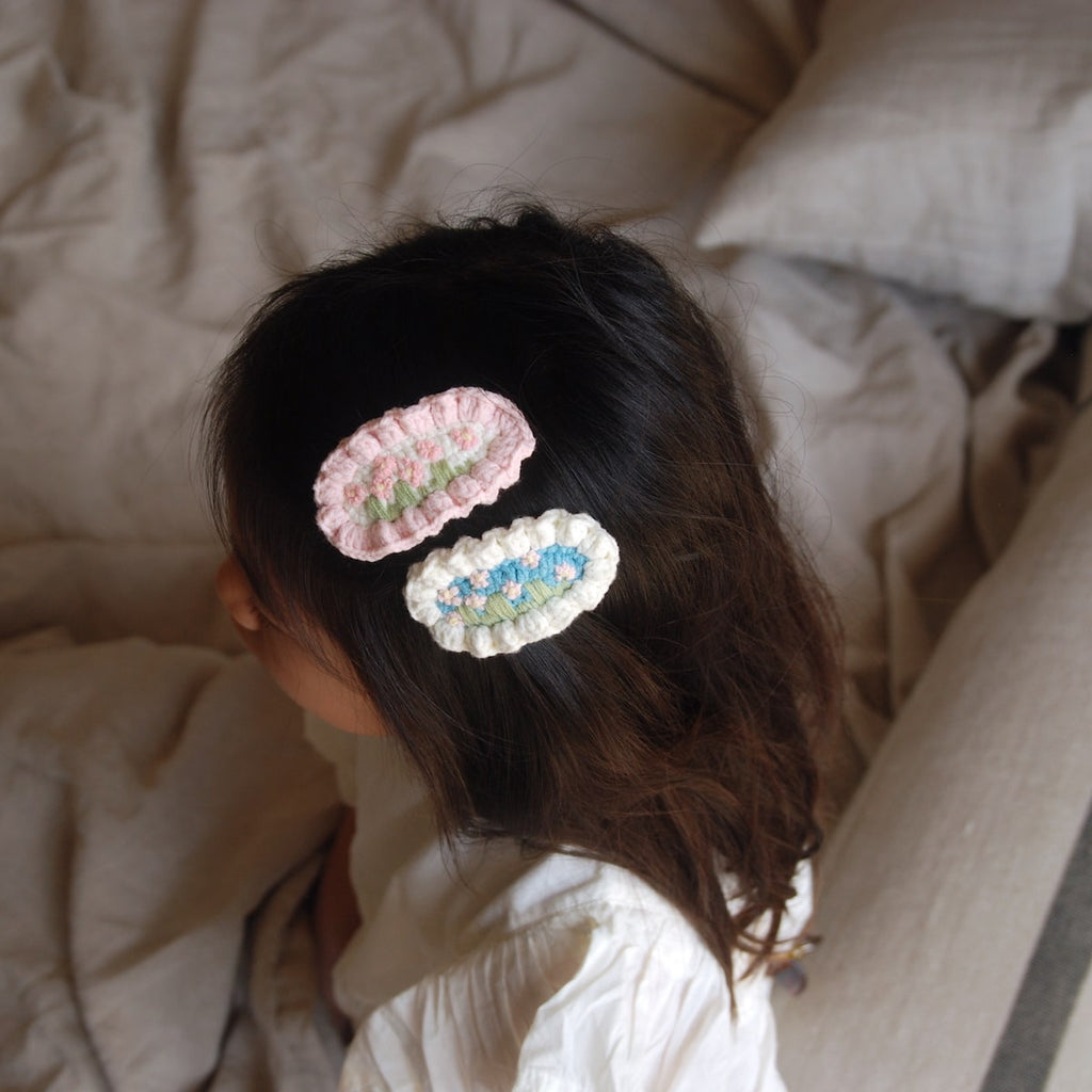 Soft knitted hair clip with pink flowers by kit & kate australia Perth