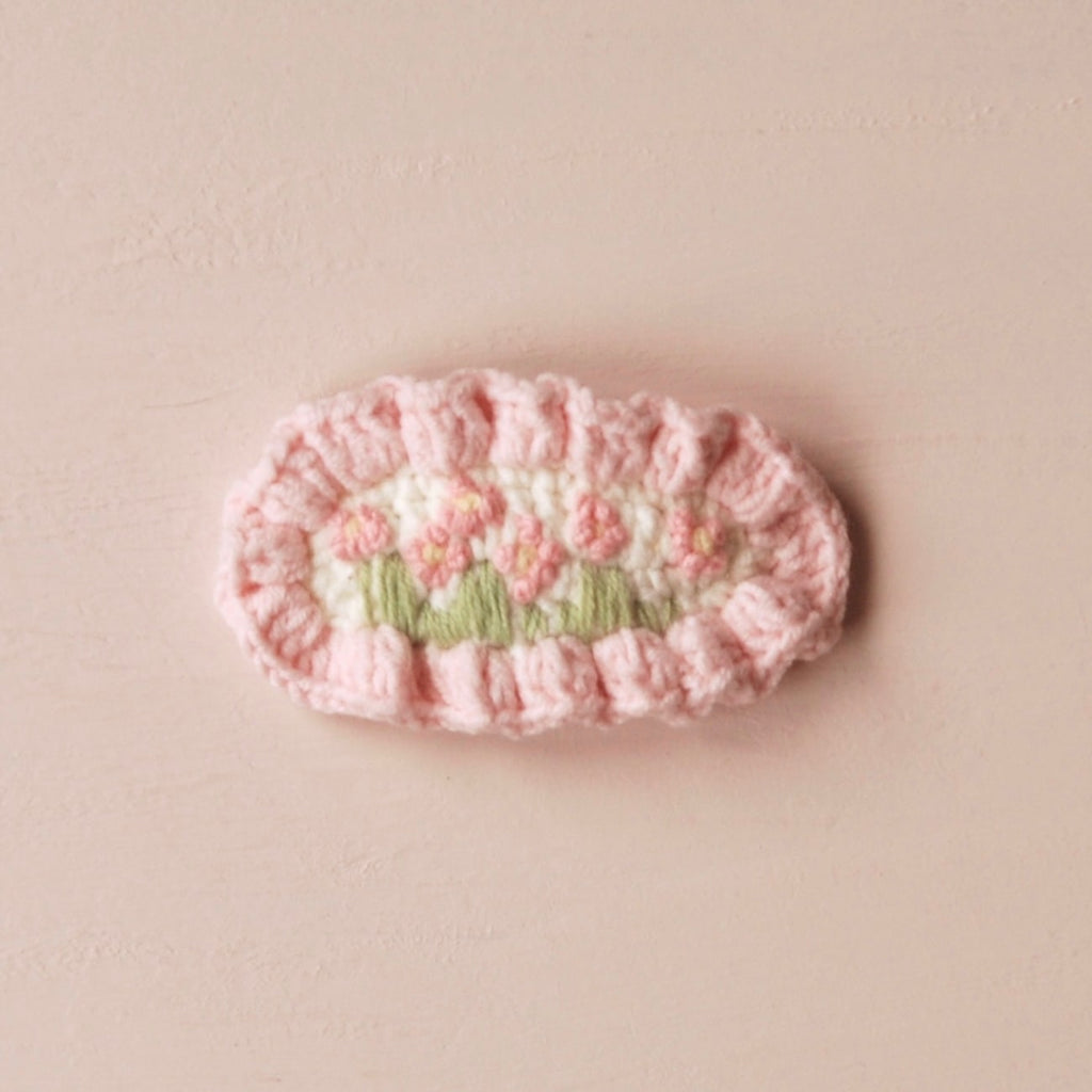 Soft knitted hair clip with pink flowers by kit & kate australia online