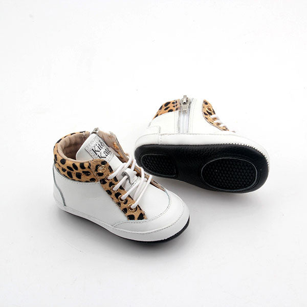 Baby Shoes - Cheetah White Brooklyn Sneakers / Hightops - Shoes for babies & toddlers, soft soles natural leather Boys & Grls  Kit & Kate Australia 8