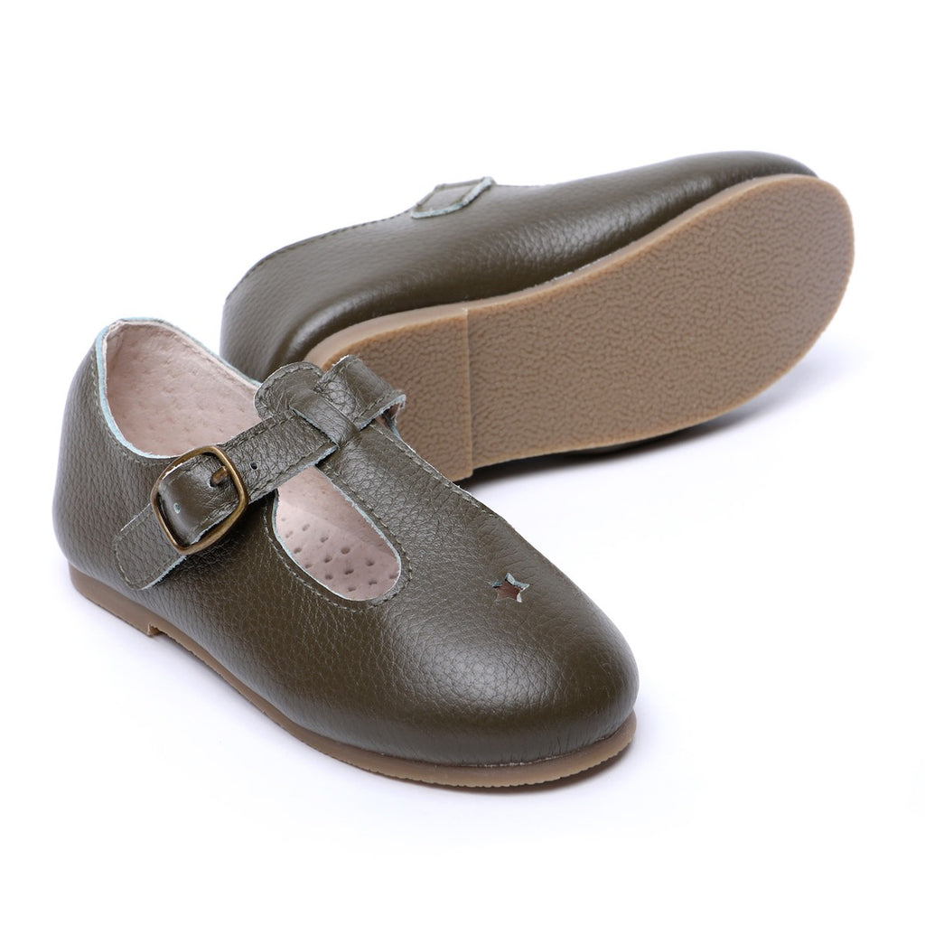 Children’s T-bar Shoes for Children & Kids & little girls. Natural Leather 12 - Dark Green Kit & Kate Australia 21