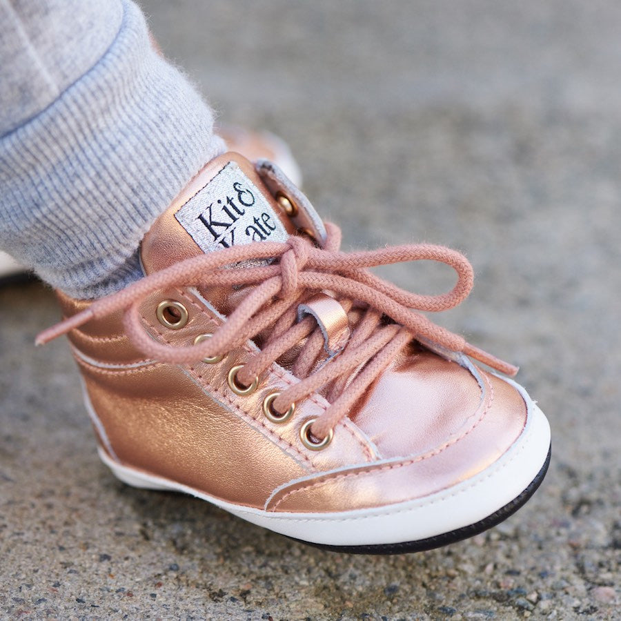 Baby Shoes - Rose Gold  Brooklyn Sneakers / Hightops - Shoes for babies & toddlers, soft soles natural leather Boys & Grls  Kit & Kate Australia 16
