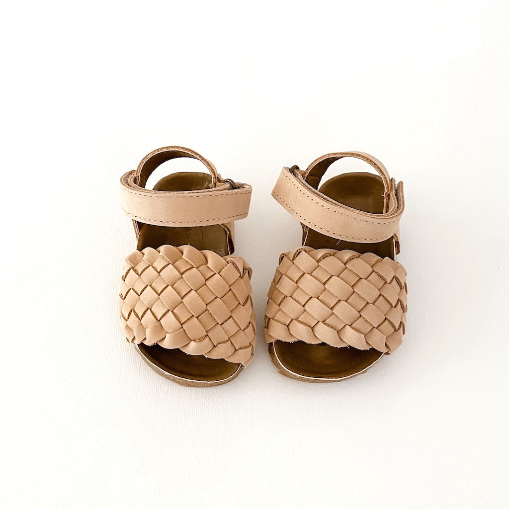 Kit & Kate Soleil weave woven leather sandals with a soft moulded solebed and made from natural leather for babies, toddlers and children shoe sizes for fun in the park playground and daycare