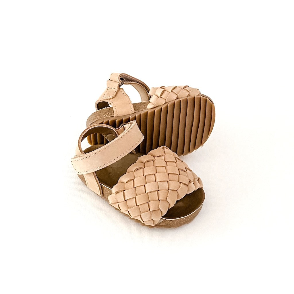 Kit & Kate Soleil weave woven leather sandals with a soft moulded solebed and made from natural leather for babies, toddlers and children shoe sizes to be enjoyed at birthday parties and christenings