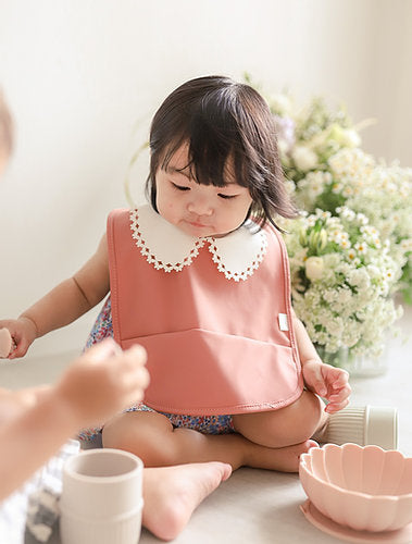 Kit & Kate Designer Stylish baby Bibs with a pretty frilly lace collar in red no more mess parents!