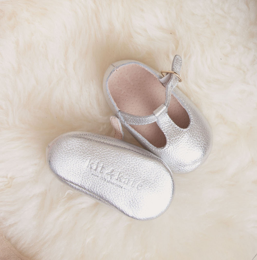 Baby Shoes - Silver Paris baby t-bar shoes for babies & toddlers little girls,, soft soles natural leather Kit & Kate c35