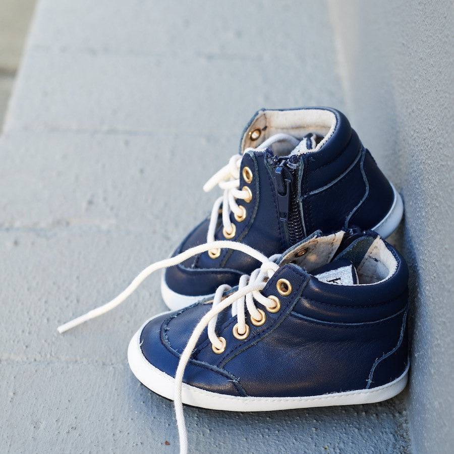 Baby Shoes - Dark Blue Navy Brooklyn Sneakers / Hightops - Shoes for babies & toddlers, soft soles natural leather Boys & Grls  Kit & Kate Australia 6