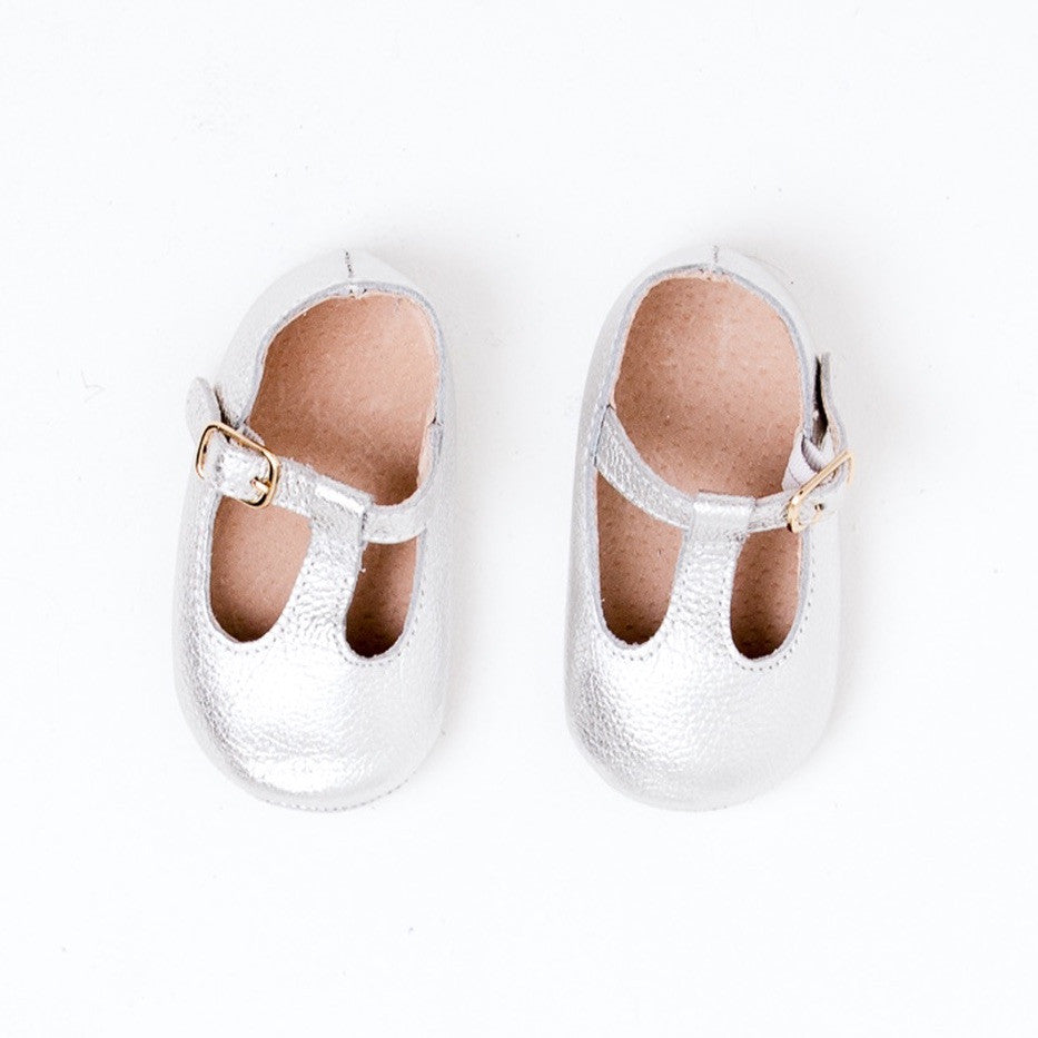 Baby Shoes - Silver Paris baby t-bar shoes for babies & toddlers little girls,, soft soles natural leather Kit & Kate c34